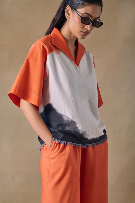 Shop_Pocketful Of Cherrie_Orange Collared Washed Kaftan Top _Online_at_Aza_Fashions