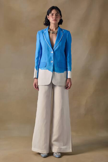 Buy_Pocketful Of Cherrie_Blue Cotton Washed Single-breasted Blazer _Online_at_Aza_Fashions