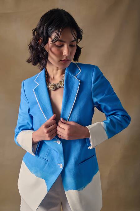 Shop_Pocketful Of Cherrie_Blue Cotton Washed Single-breasted Blazer _Online_at_Aza_Fashions