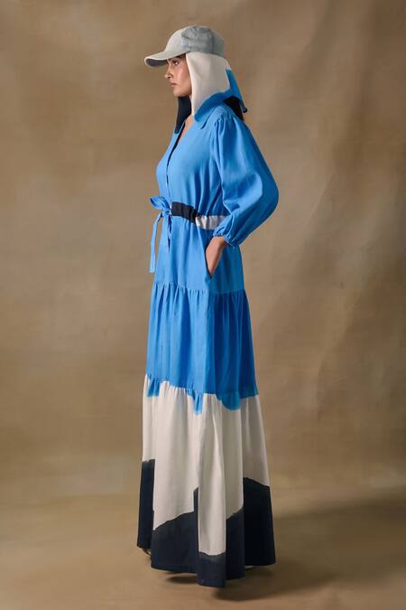 Pocketful Of Cherrie_Blue Button-down Neck Washed Tiered Maxi Dress _Online_at_Aza_Fashions