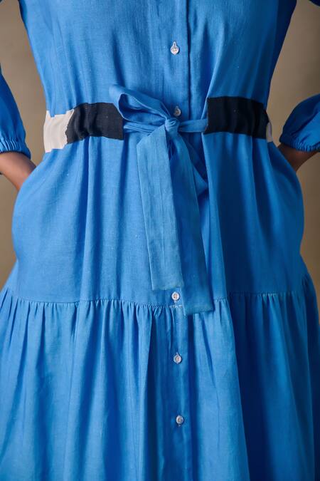 Buy_Pocketful Of Cherrie_Blue Button-down Neck Washed Tiered Maxi Dress _Online_at_Aza_Fashions