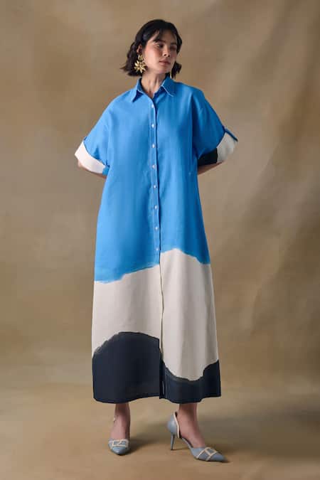 Pocketful Of Cherrie Blue Collared Washed Asymmetrical Dress