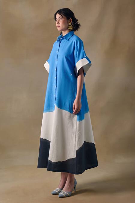 Pocketful Of Cherrie_Blue Collared Washed Asymmetrical Dress _Online_at_Aza_Fashions