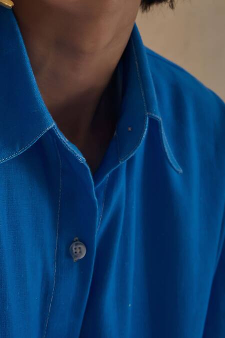 Buy_Pocketful Of Cherrie_Blue Collared Washed Asymmetrical Dress _Online_at_Aza_Fashions