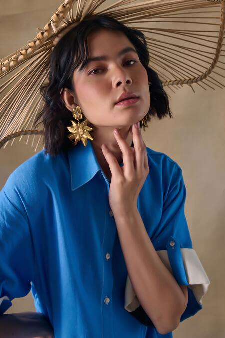 Shop_Pocketful Of Cherrie_Blue Collared Washed Asymmetrical Dress _Online_at_Aza_Fashions