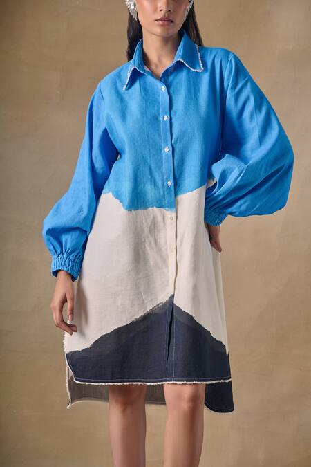 Pocketful Of Cherrie_Blue Collared Hand Drawn Washed Shirt Dress _Online_at_Aza_Fashions