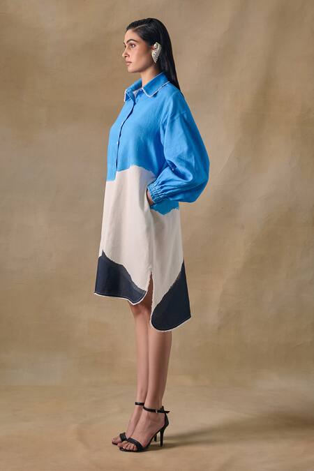 Buy_Pocketful Of Cherrie_Blue Collared Hand Drawn Washed Shirt Dress _Online_at_Aza_Fashions
