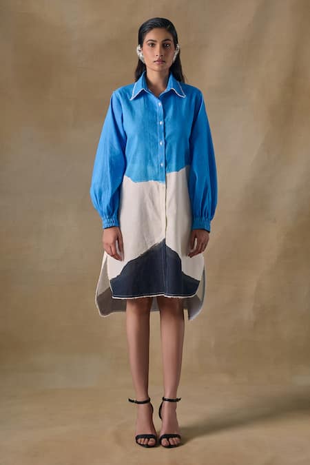 Pocketful Of Cherrie Blue Collared Hand Drawn Washed Shirt Dress