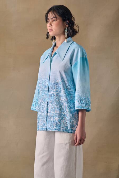 Pocketful Of Cherrie_Blue Collared Landscape Kimono Shirt _Online_at_Aza_Fashions