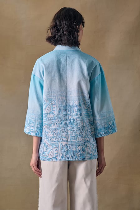 Pocketful Of Cherrie Blue Landscape Kimono Shirt 