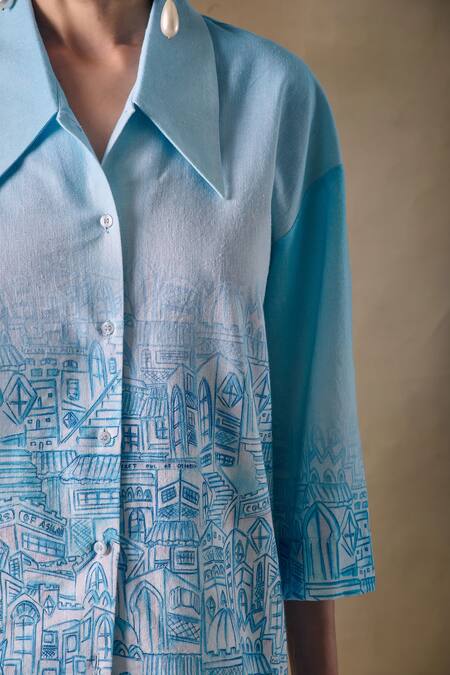 Buy_Pocketful Of Cherrie_Blue Collared Landscape Kimono Shirt _Online_at_Aza_Fashions