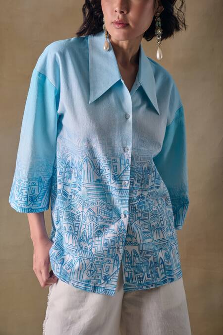 Shop_Pocketful Of Cherrie_Blue Collared Landscape Kimono Shirt _Online_at_Aza_Fashions