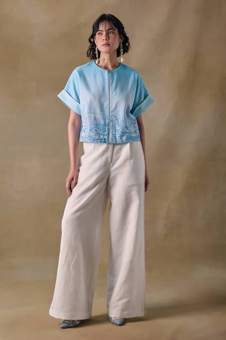 Pocketful Of Cherrie Blue Round Neck Landscape Kimono Top