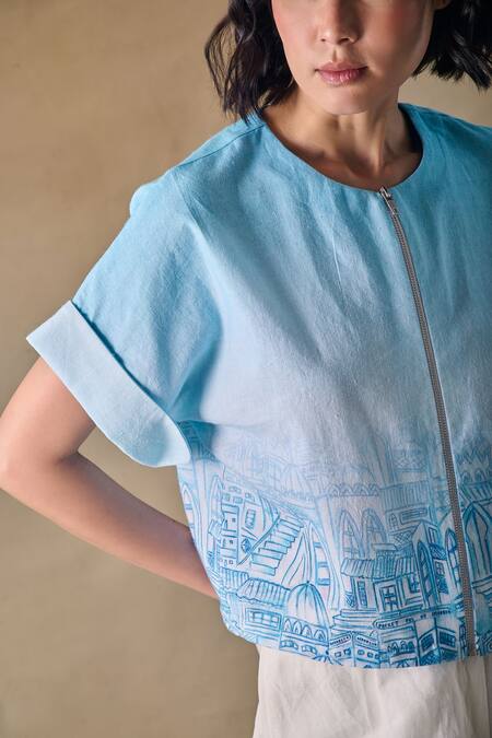 Pocketful Of Cherrie_Blue Round Neck Landscape Kimono Top _Online_at_Aza_Fashions