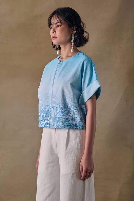 Buy_Pocketful Of Cherrie_Blue Round Neck Landscape Kimono Top _Online_at_Aza_Fashions