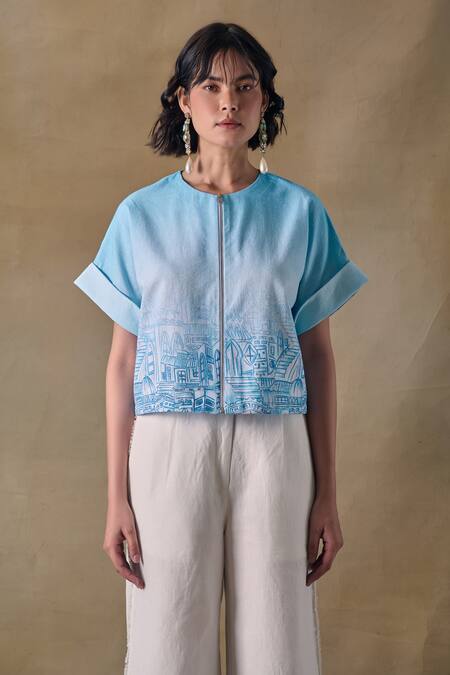 Shop_Pocketful Of Cherrie_Blue Round Neck Landscape Kimono Top _Online_at_Aza_Fashions