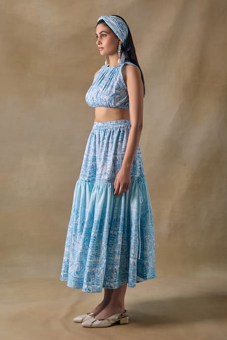 Buy_Pocketful Of Cherrie_Blue Cotton Halter Neck Landscape Gathered Blouse _Online_at_Aza_Fashions