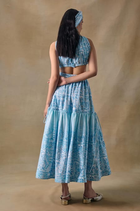 Pocketful Of Cherrie Blue Landscape Tiered Midi Skirt 