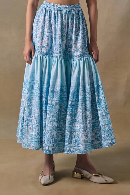 Pocketful Of Cherrie_Blue Landscape Tiered Midi Skirt _Online_at_Aza_Fashions