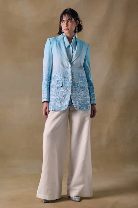 Pocketful Of Cherrie Blue Cotton, Shantoon Landscape Gradient Blazer