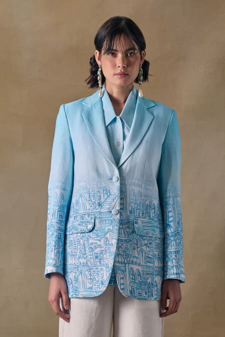 Pocketful Of Cherrie_Blue Cotton, Shantoon Landscape Gradient Blazer _Online_at_Aza_Fashions