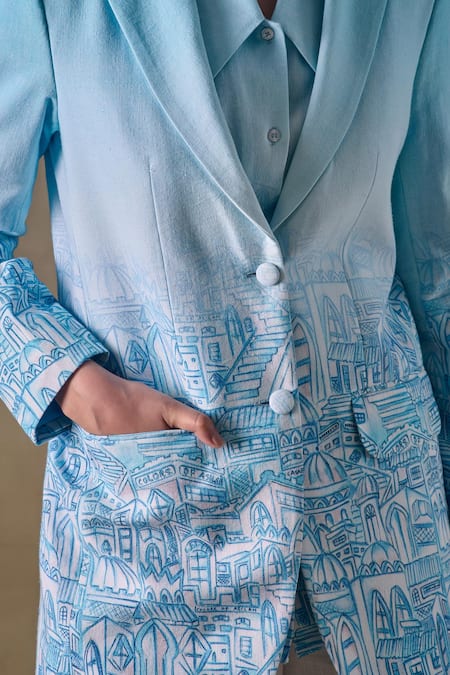 Buy_Pocketful Of Cherrie_Blue Cotton, Shantoon Landscape Gradient Blazer _Online_at_Aza_Fashions