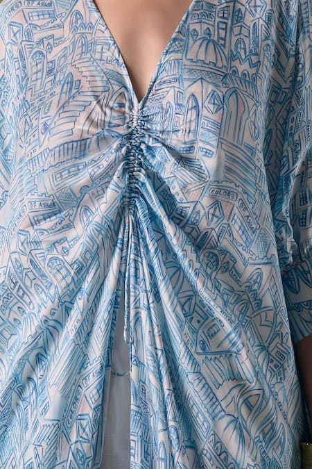 Pocketful Of Cherrie_Blue V-neck Landscape Print Kaftan _Online_at_Aza_Fashions
