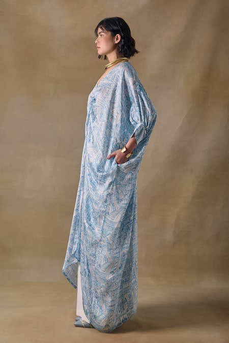 Buy_Pocketful Of Cherrie_Blue V-neck Landscape Print Kaftan _Online_at_Aza_Fashions