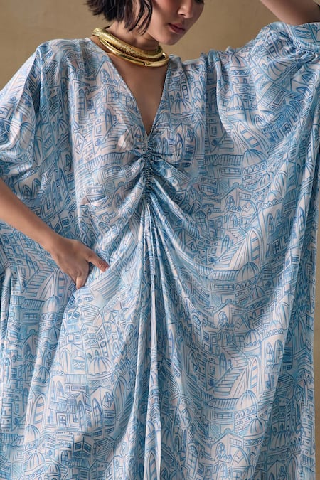 Shop_Pocketful Of Cherrie_Blue V-neck Landscape Print Kaftan _Online_at_Aza_Fashions