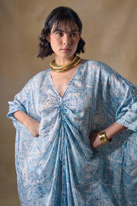 Pocketful Of Cherrie_Blue V-neck Landscape Print Kaftan _at_Aza_Fashions