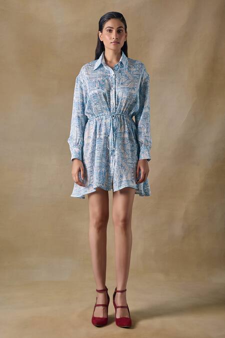 Buy_Pocketful Of Cherrie_Blue Collared Gathered Mini Dress With Landscape Print _Online_at_Aza_Fashions