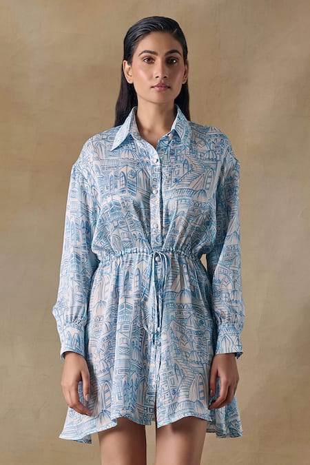 Pocketful Of Cherrie Blue Collared Gathered Mini Dress With Landscape Print