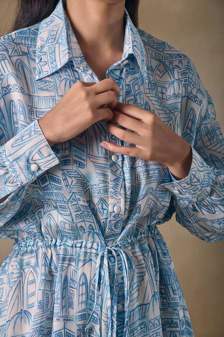 Shop_Pocketful Of Cherrie_Blue Collared Gathered Mini Dress With Landscape Print _Online_at_Aza_Fashions