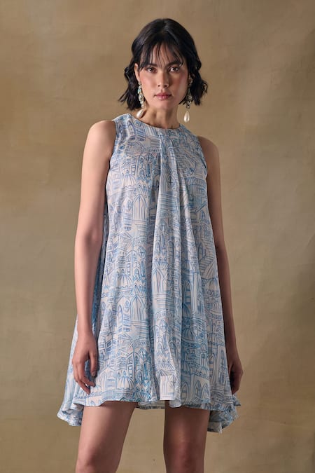 Pocketful Of Cherrie Blue Halter Neck Landscape Mini Dress