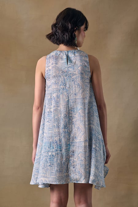 Pocketful Of Cherrie Blue Landscape Halter Neck Mini Dress 