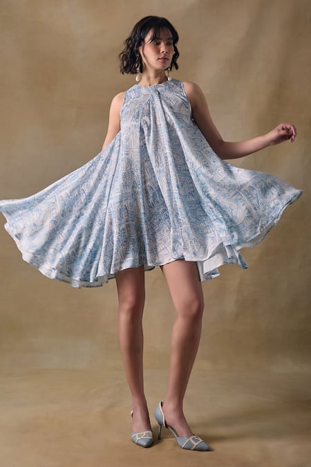Buy_Pocketful Of Cherrie_Blue Halter Neck Landscape Mini Dress _Online_at_Aza_Fashions
