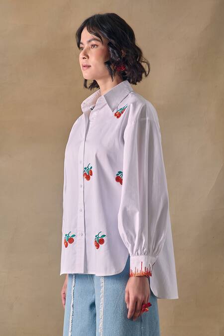 Pocketful Of Cherrie_White Cotton Beads Collared Beadwork Embroidered Shirt _Online_at_Aza_Fashions