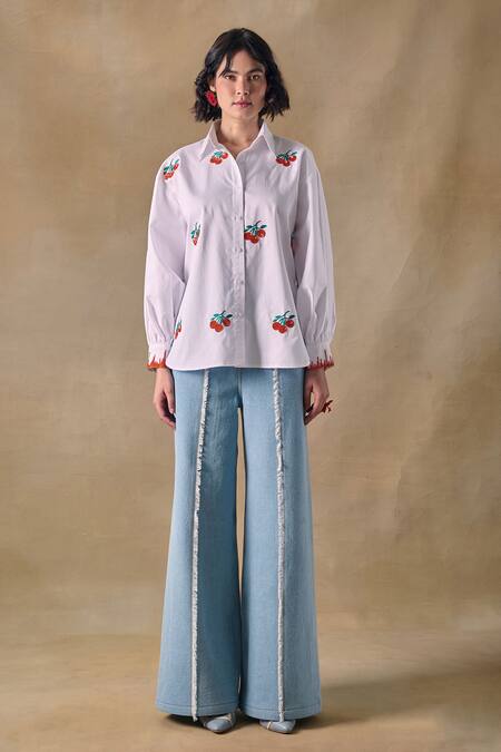 Buy_Pocketful Of Cherrie_White Cotton Beads Collared Beadwork Embroidered Shirt _Online_at_Aza_Fashions