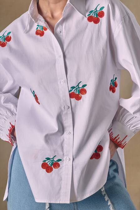 Pocketful Of Cherrie_White Cotton Beads Collared Beadwork Embroidered Shirt _at_Aza_Fashions