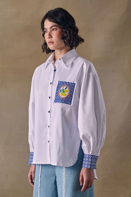 Pocketful Of Cherrie_White Cotton Beads, Embroidery Collared Zellige Button Down Shirt _Online_at_Aza_Fashions