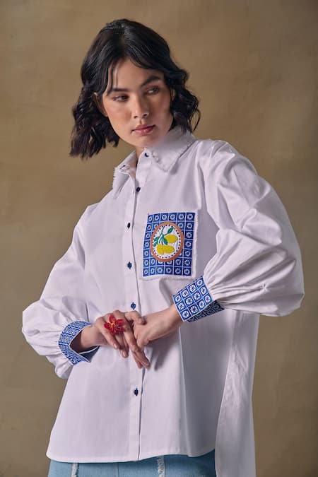 Pocketful Of Cherrie White Cotton Beads, Embroidery Collared Zellige Button Down Shirt