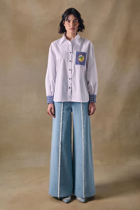 Buy_Pocketful Of Cherrie_White Cotton Beads, Embroidery Collared Zellige Button Down Shirt _Online_at_Aza_Fashions