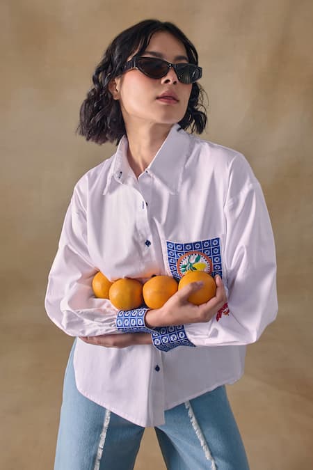 Shop_Pocketful Of Cherrie_White Cotton Beads, Embroidery Collared Zellige Button Down Shirt _Online_at_Aza_Fashions