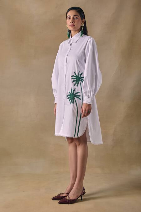 Pocketful Of Cherrie_White Embroidery Collared Palm Tree Shirt Dress _Online_at_Aza_Fashions