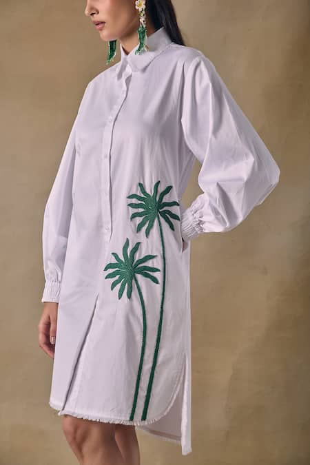 Buy_Pocketful Of Cherrie_White Embroidery Collared Palm Tree Shirt Dress _Online_at_Aza_Fashions