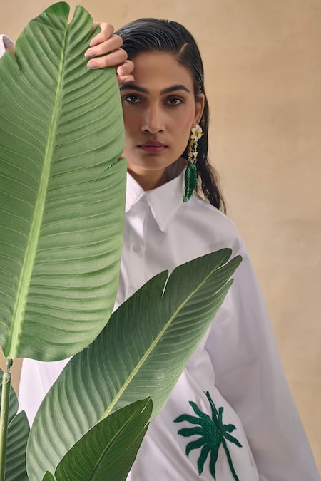 Shop_Pocketful Of Cherrie_White Embroidery Collared Palm Tree Shirt Dress _Online_at_Aza_Fashions