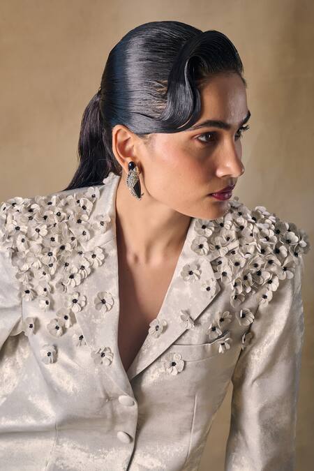 Shop Pocketful Of Cherrie Gold Satin Fabric Flowers Notched Neck Foil 3d Floral Blazer Dress Online at Aza Fashions Shop_Pocketful Of Cherrie_Gold Satin Fabric Flowers Notched Neck Foil 3d Floral Blazer Dress _Online_at_Aza_Fashions