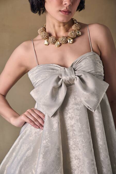 Buy_Pocketful Of Cherrie_Silver Satin Sweetheart Neck Fold Foil Fit And Flare Mini Dress _Online_at_Aza_Fashions