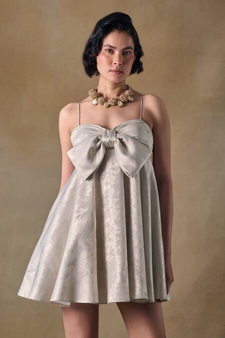 Shop_Pocketful Of Cherrie_Silver Satin Sweetheart Neck Fold Foil Fit And Flare Mini Dress _Online_at_Aza_Fashions
