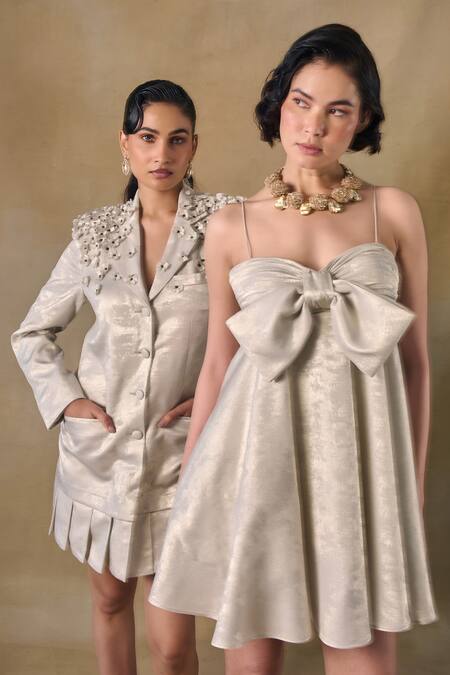 Pocketful Of Cherrie_Silver Satin Sweetheart Neck Fold Foil Fit And Flare Mini Dress _at_Aza_Fashions